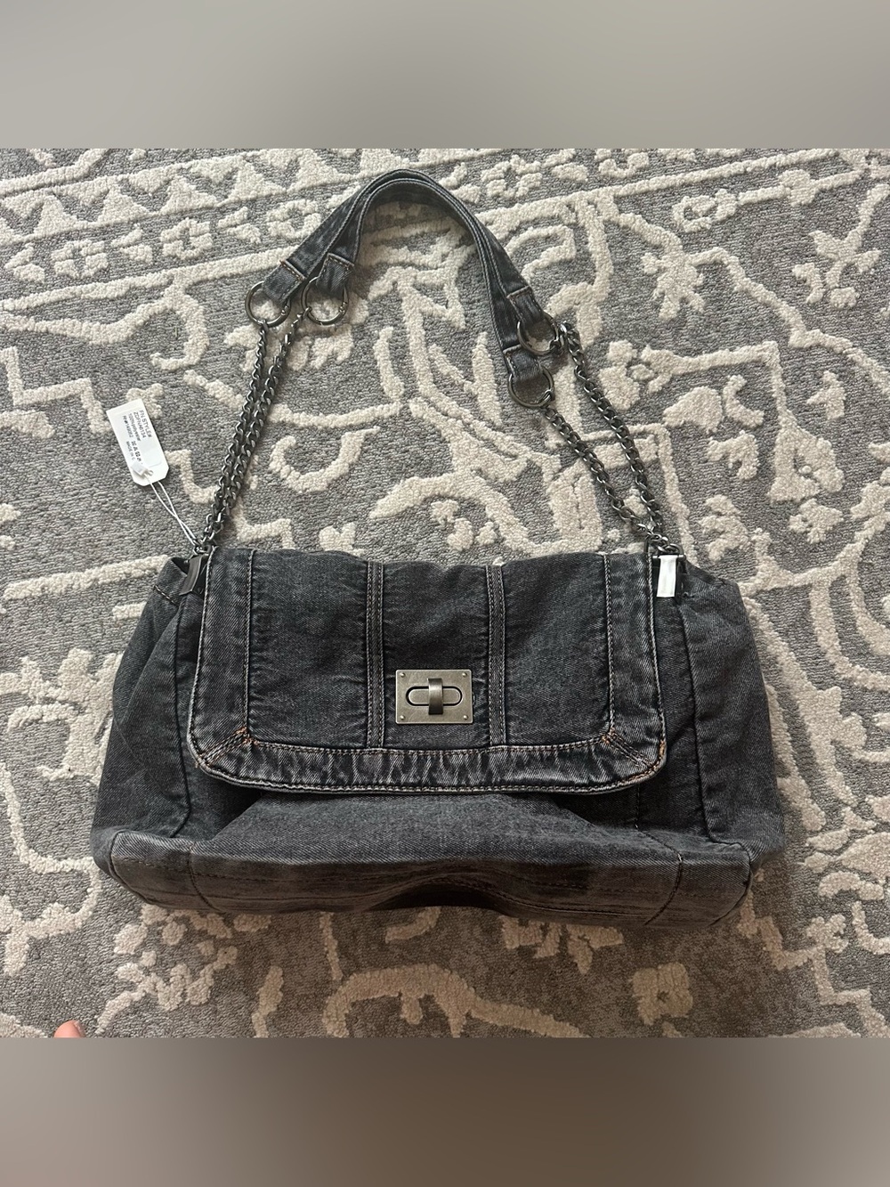 Fashion Nova Black Washed Denim Shoulder Bag with Chain Straps